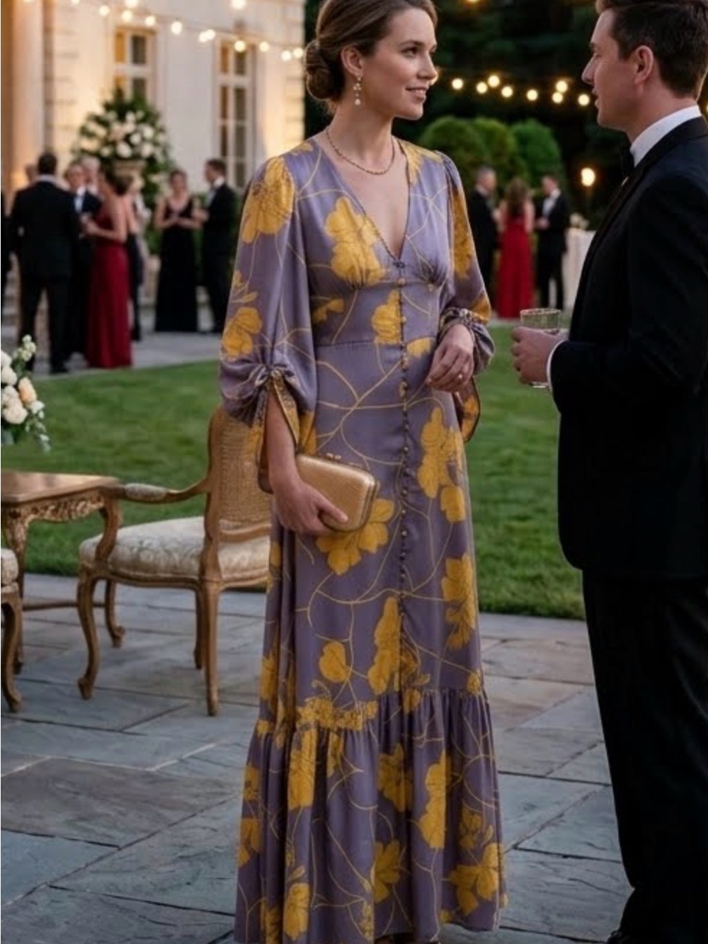 V-Neck Lavender Maxi Dress with Mustard Floral Print